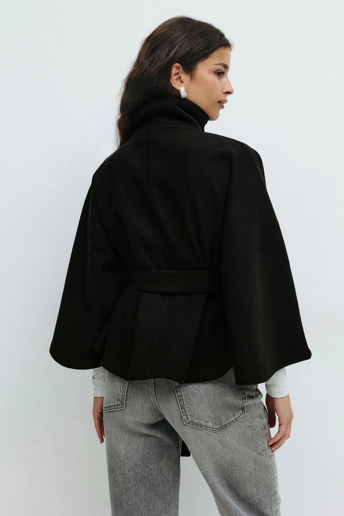 Aria Women's Cape Coat | High Collar, Tie Belt, Regular Fit 9