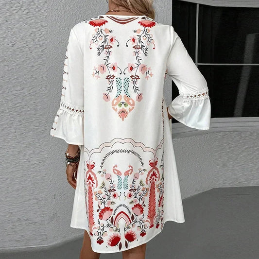 Bella Women's Dress | 3/4 Sleeve, V-Neck Boho Mini Dress 1