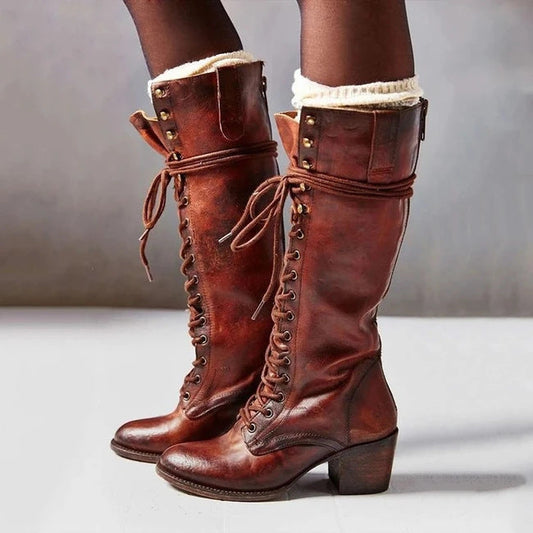 Bella Women's Knee Boots | Chic Leather with Lace-Up Design 1
