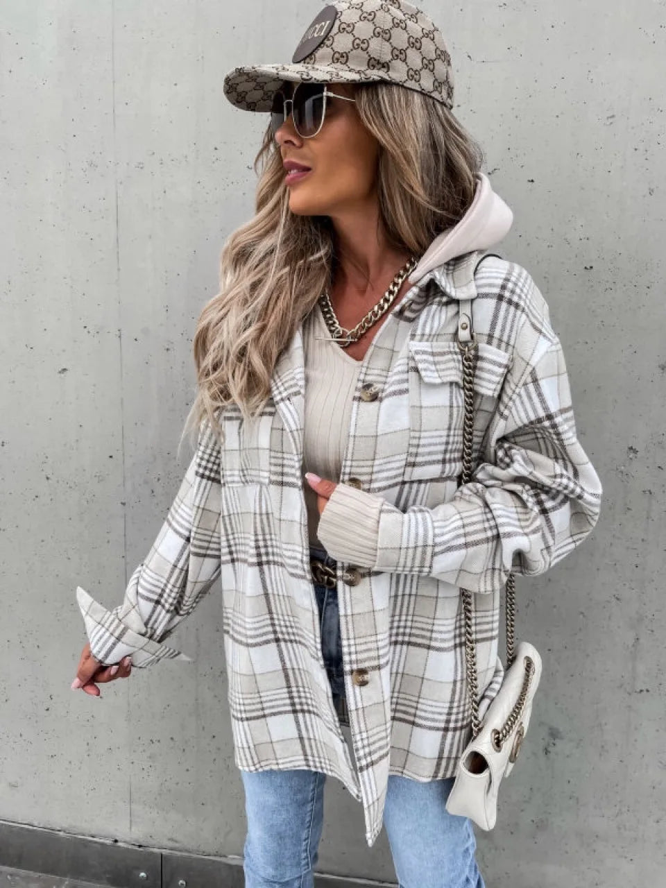Celia Women's Mid-Season Jacket | Checked Pattern, Hooded Button Closure 5