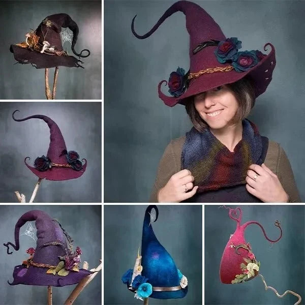 Helia Women's Witch Hat | Merino Wool Felt and Silk Chiffon, Classic Pointed Design for Halloween 5