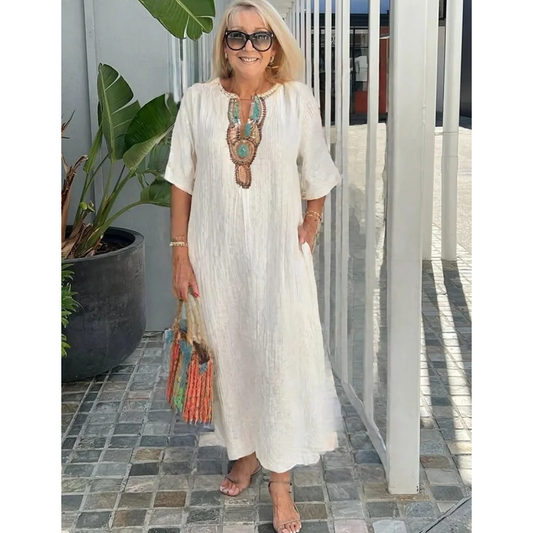 Lina Women's Maxi Dress | Embroidered Linen Blend, Relaxed Fit 1
