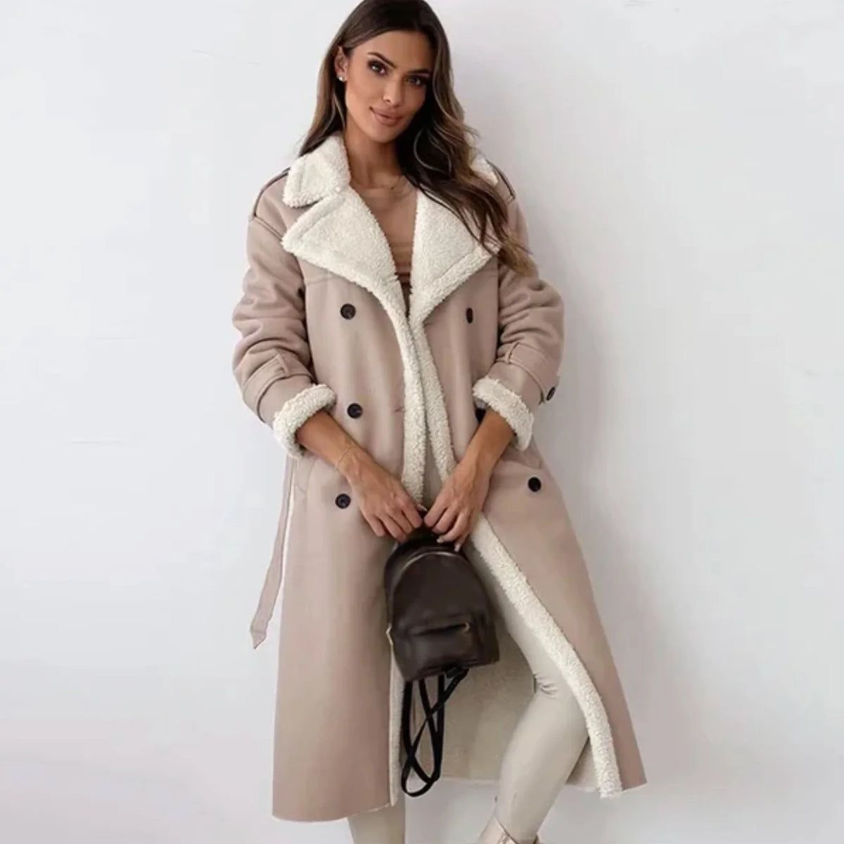 Liora Women's Long Coat | Elegant Sherpa Lining, Double Row Buttons 6