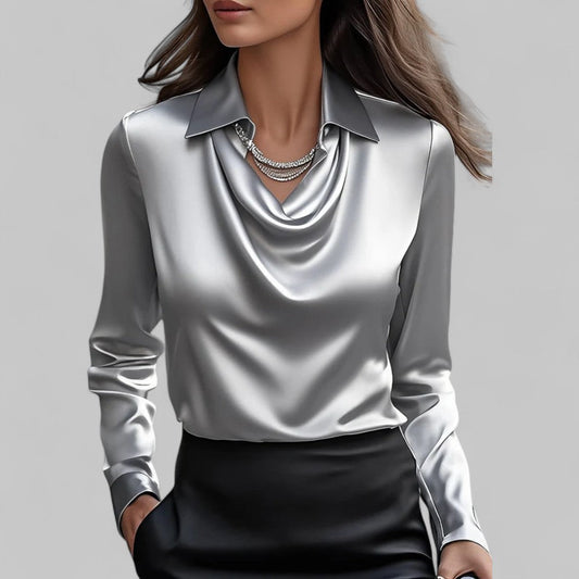 Sienna Women's Blouse | Elegant Long Sleeve Satin, Draped Neckline 1