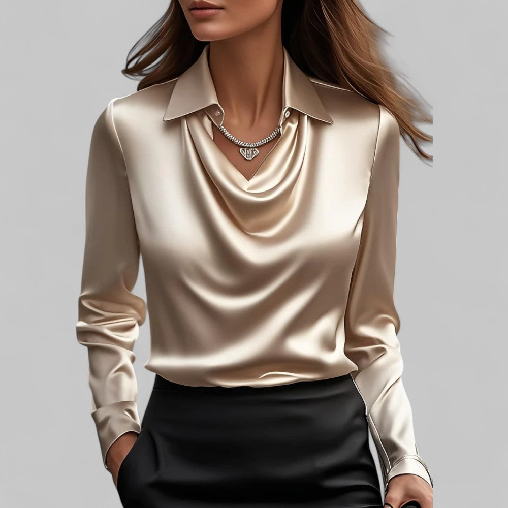 Sienna Women's Blouse | Elegant Long Sleeve Satin, Draped Neckline 9
