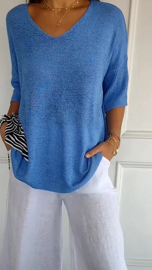 Vera Women's Top | V-Neck Knitted, 3/4 Sleeves Blouse 1