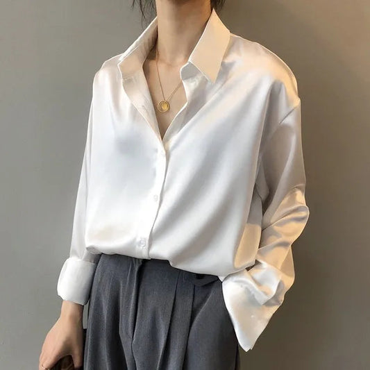 Willa Women's Satin Blouse | Elegant Button Down Long Sleeve Top 1