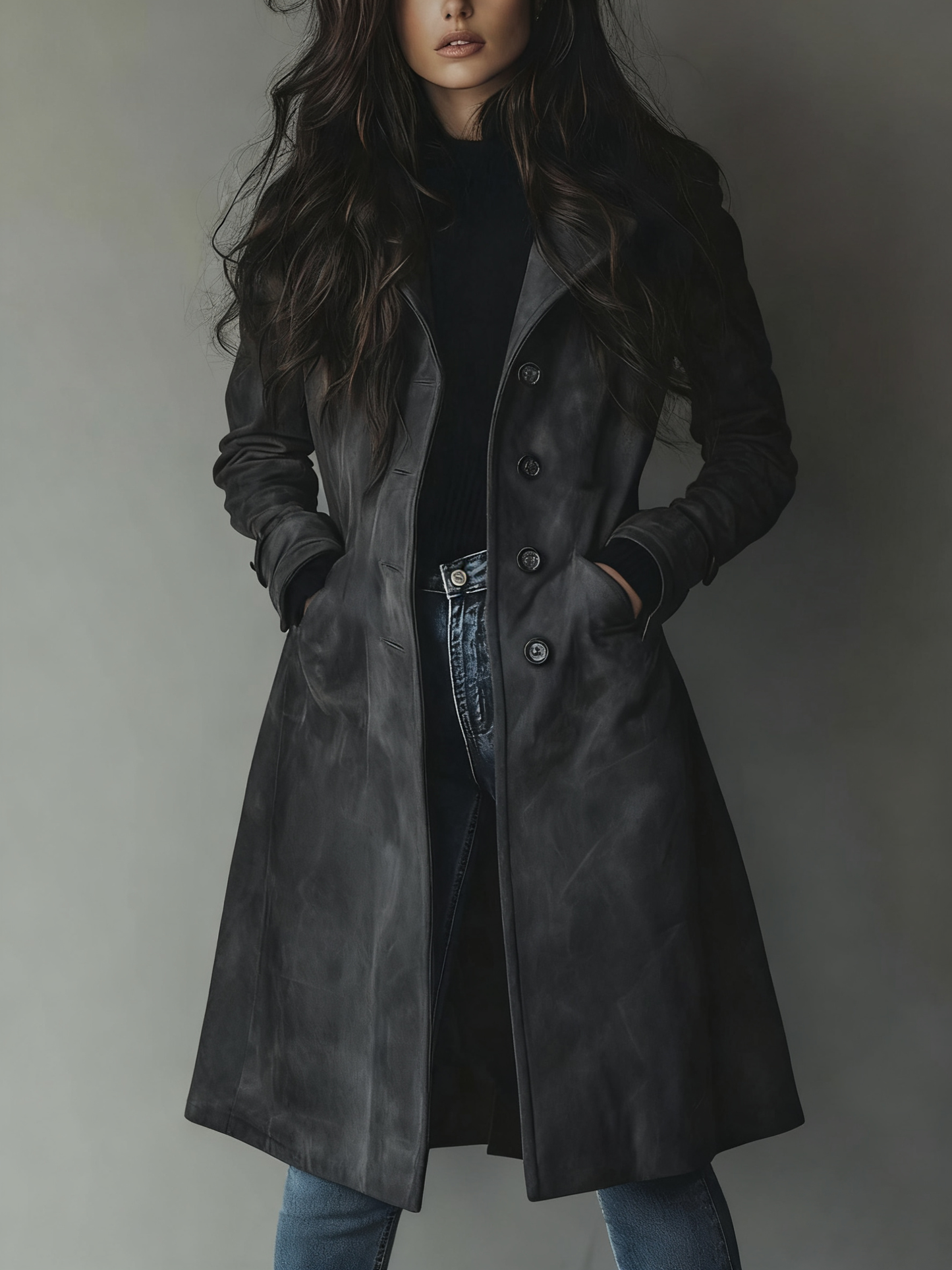Wren Women's Trench Coat | Faux Suede Longline with Side Pockets 6