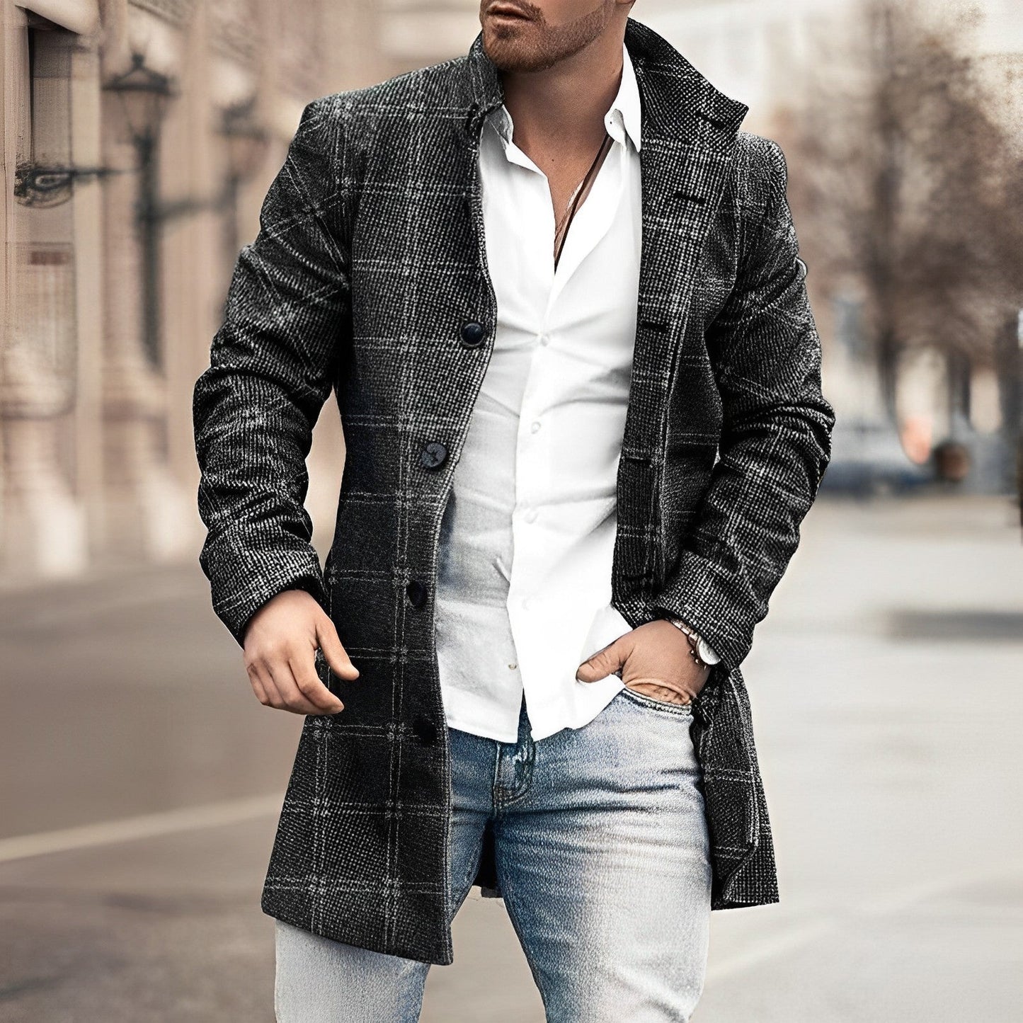 Aiden Men's Overcoat | Houndstooth Checkered, Long Design 1