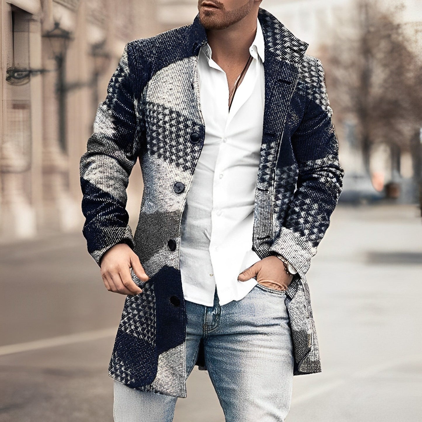 Aiden Men's Overcoat | Houndstooth Checkered, Long Design 2