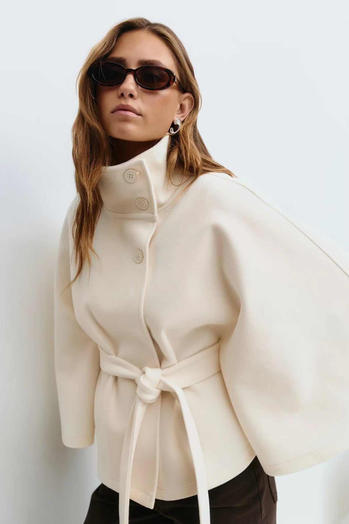 Aria Women's Cape Coat | High Collar, Tie Belt, Regular Fit 0