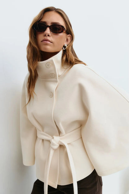 Aria Women's Cape Coat | High Collar, Tie Belt, Regular Fit 0