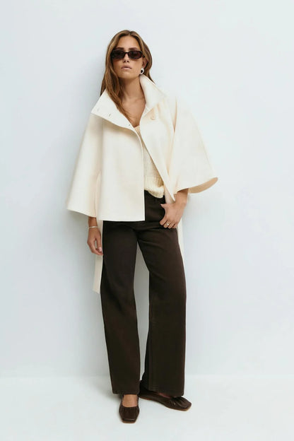 Aria Women's Cape Coat | High Collar, Tie Belt, Regular Fit 3