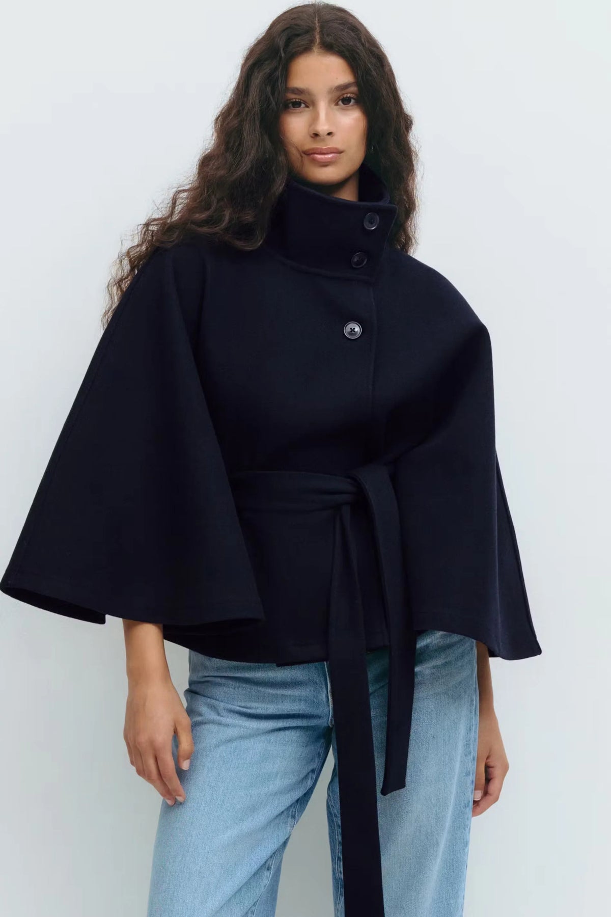 Aria Women's Cape Coat | High Collar, Tie Belt, Regular Fit 4