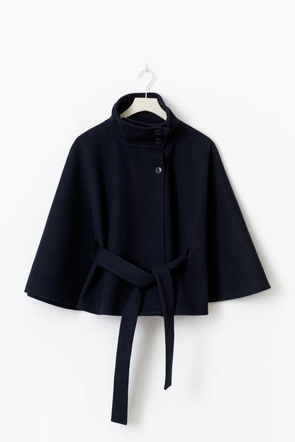 Aria Women's Cape Coat | High Collar, Tie Belt, Regular Fit 5