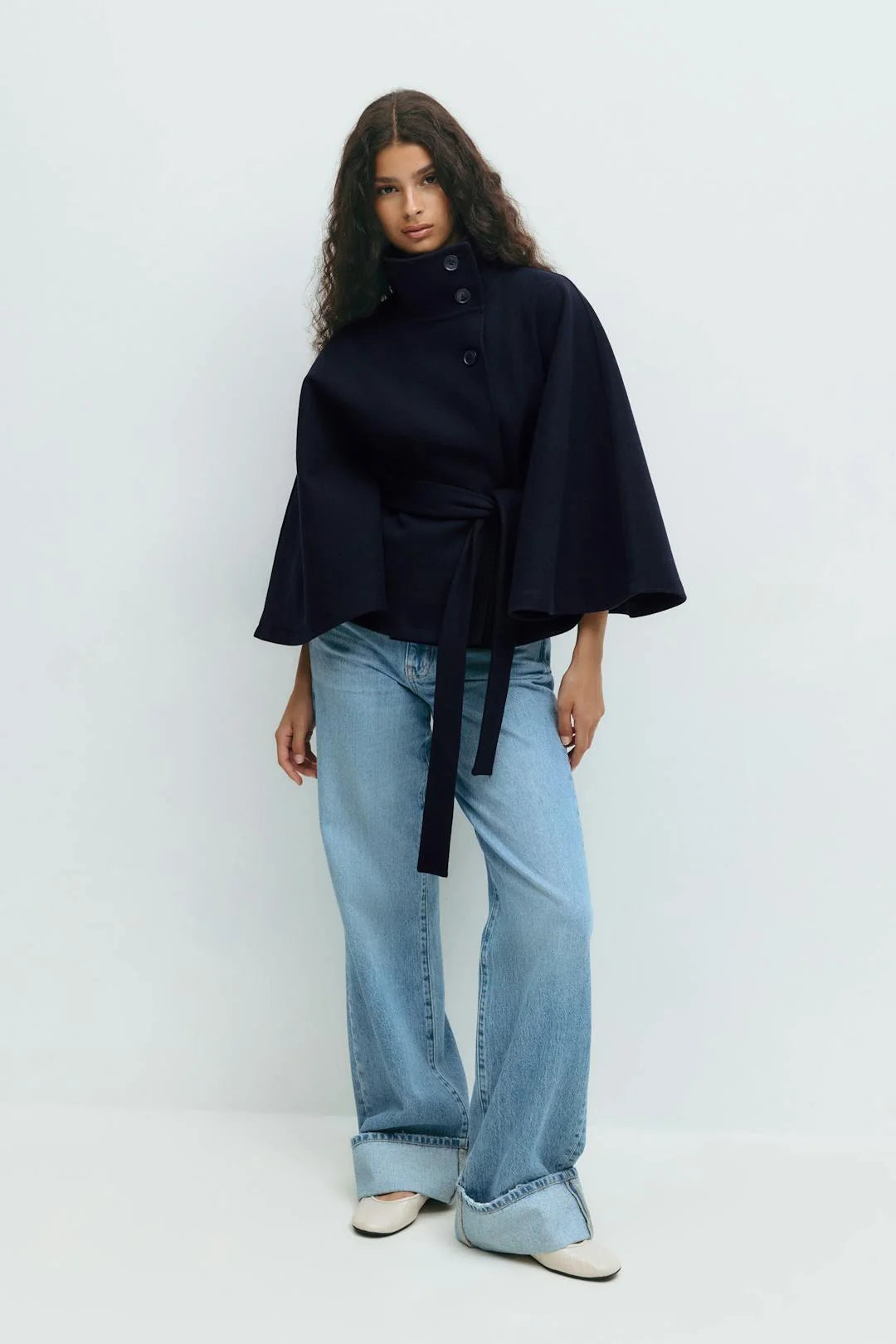 Aria Women's Cape Coat | High Collar, Tie Belt, Regular Fit 6