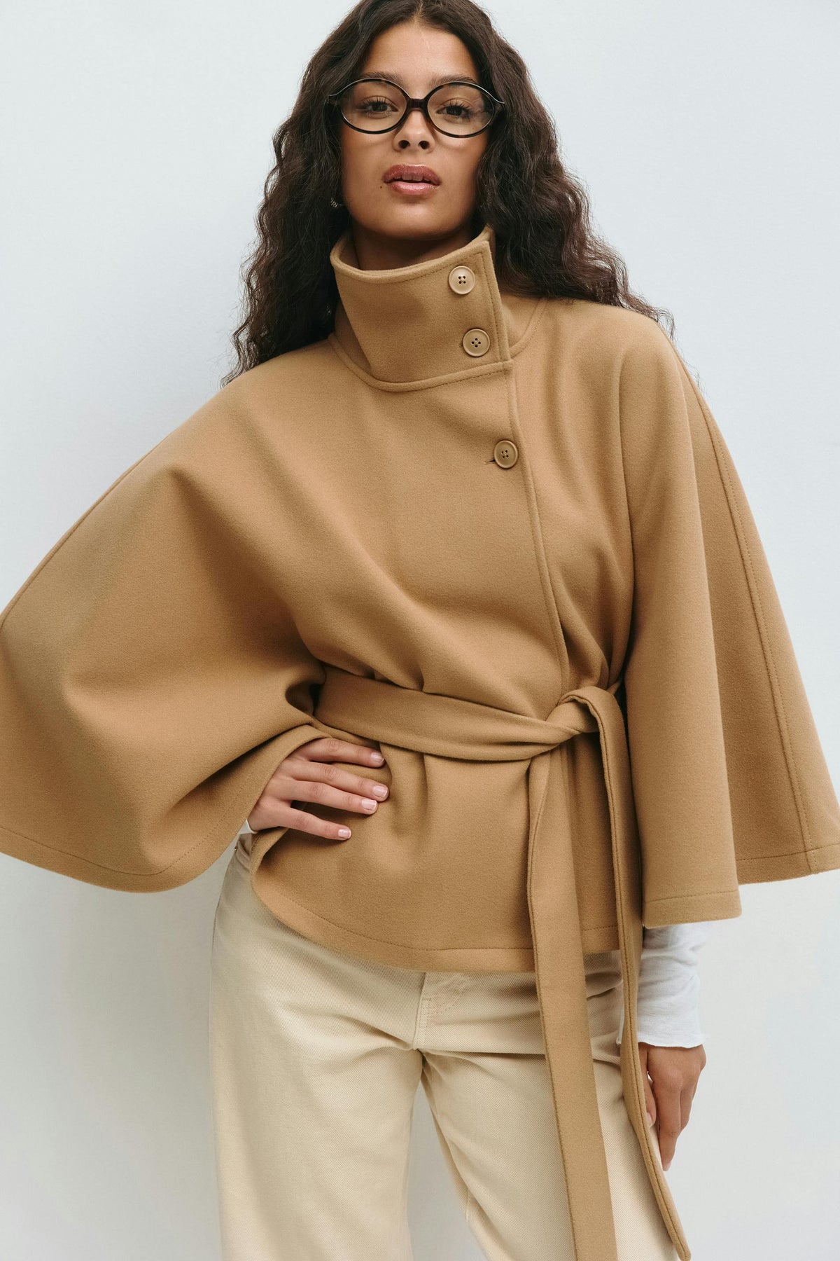 Aria Women's Cape Coat | High Collar, Tie Belt, Regular Fit 7