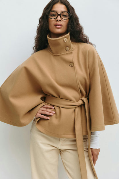 Aria Women's Cape Coat | High Collar, Tie Belt, Regular Fit 7