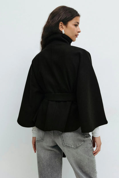 Aria Women's Cape Coat | High Collar, Tie Belt, Regular Fit 9