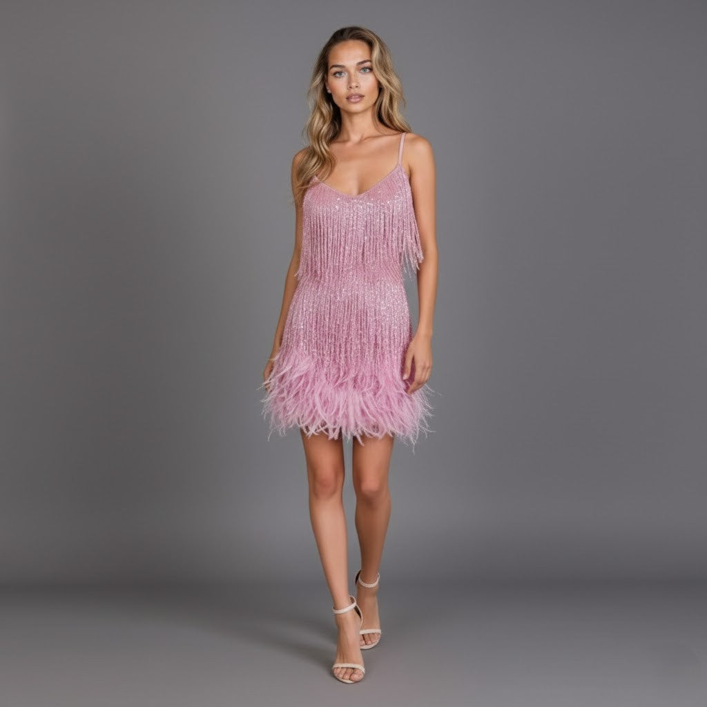 Ava Women's Mini Dress | Fringe and Feather Detail, Cocktail Style 8