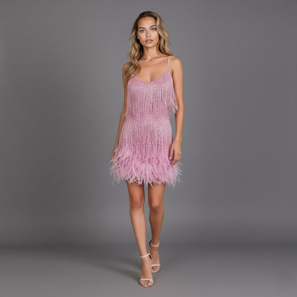 Ava Women's Mini Dress | Fringe and Feather Detail, Cocktail Style 8