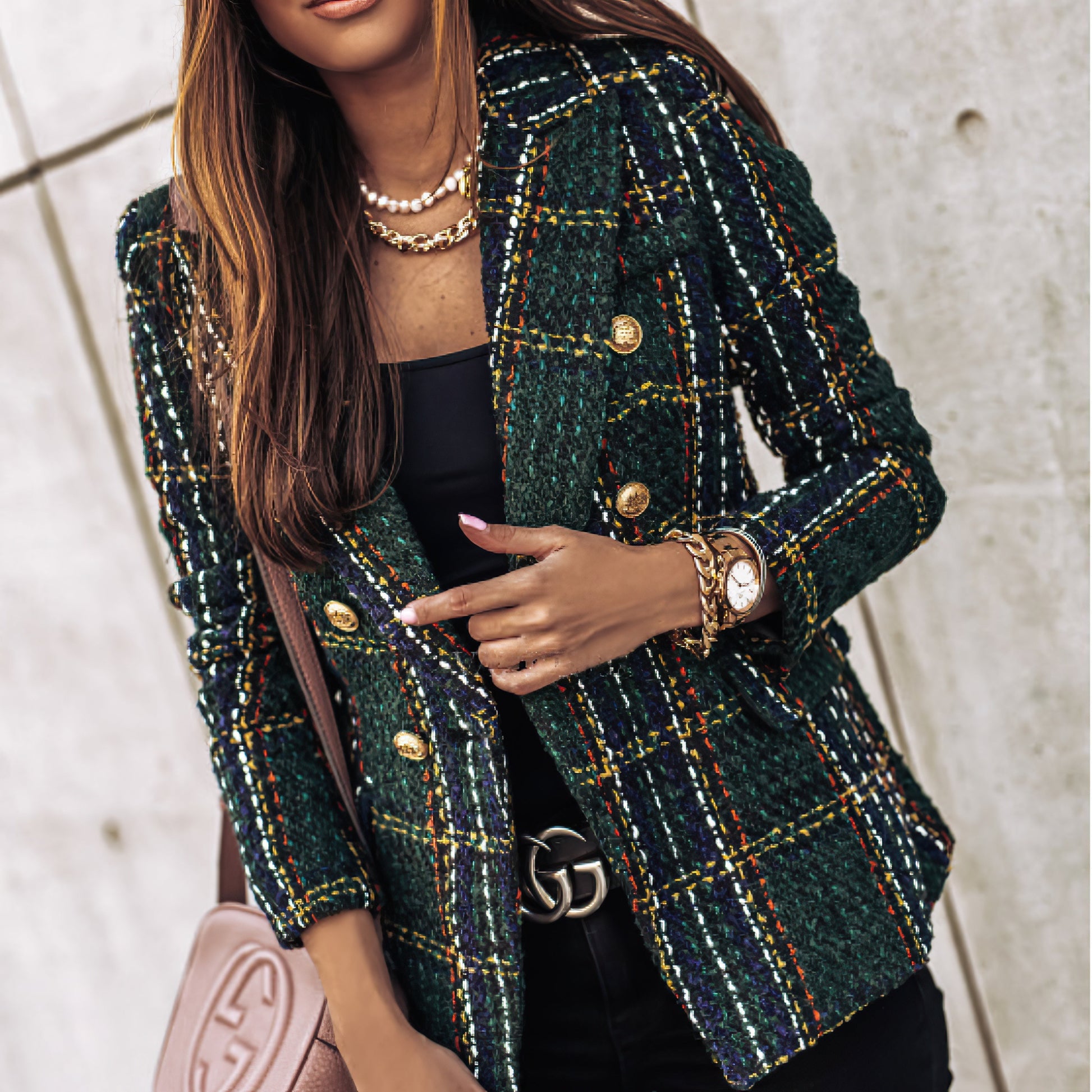 Bella Women's Blazer | Classic Check Pattern, Double Breasted 1