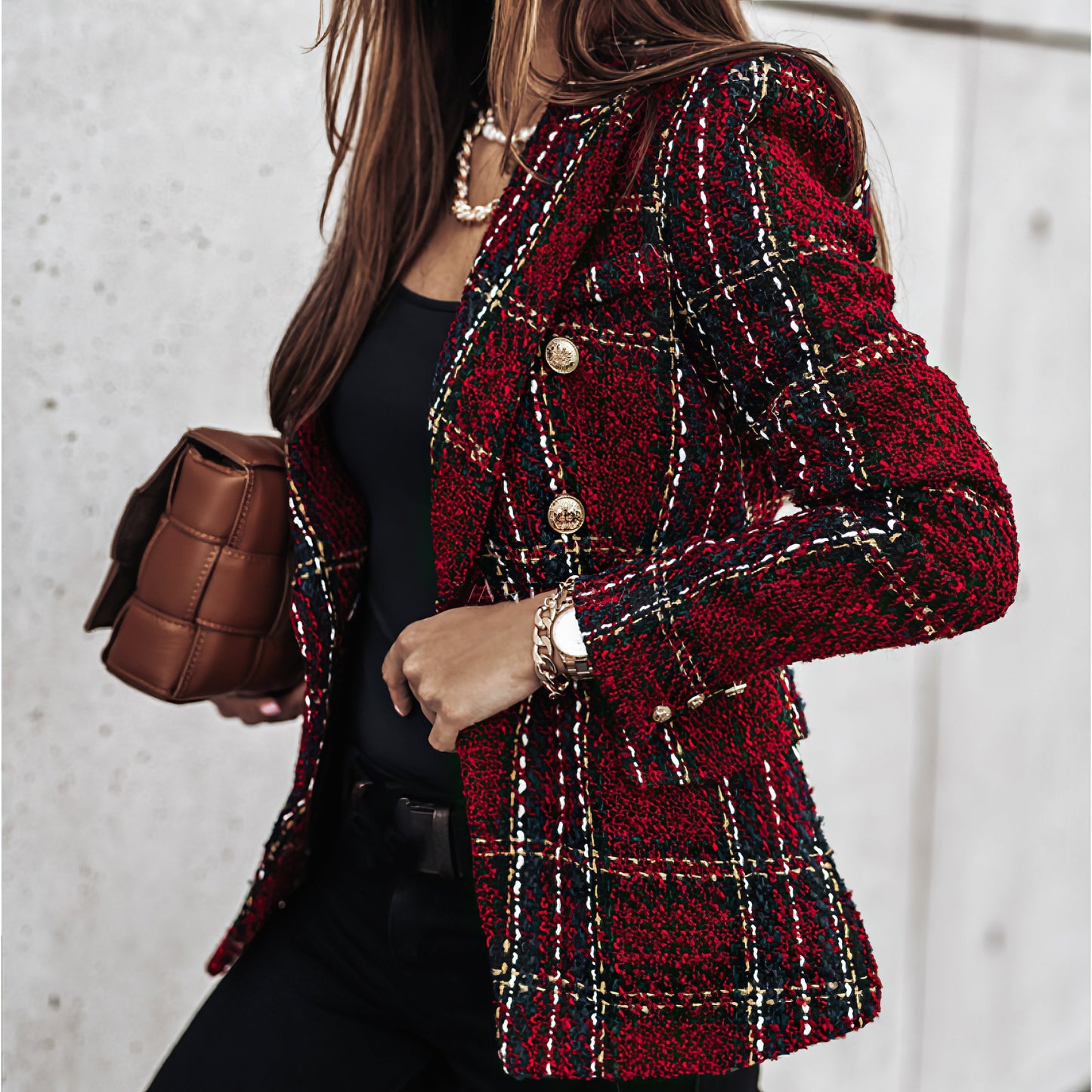 Bella Women's Blazer | Classic Check Pattern, Double Breasted 7