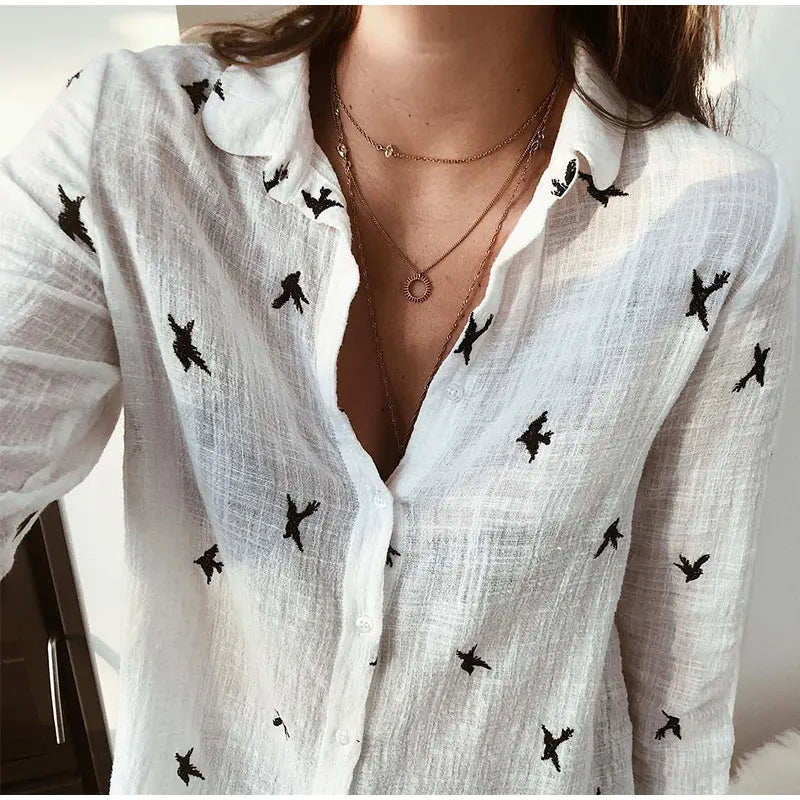 Bella Women's Blouse | Elegant Bird Print, Long-Sleeved 3