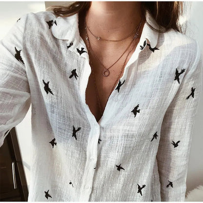 Bella Women's Blouse | Elegant Bird Print, Long-Sleeved 3