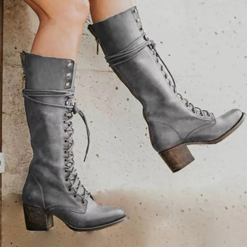 Bella Women's Knee Boots | Chic Leather with Lace-Up Design 2