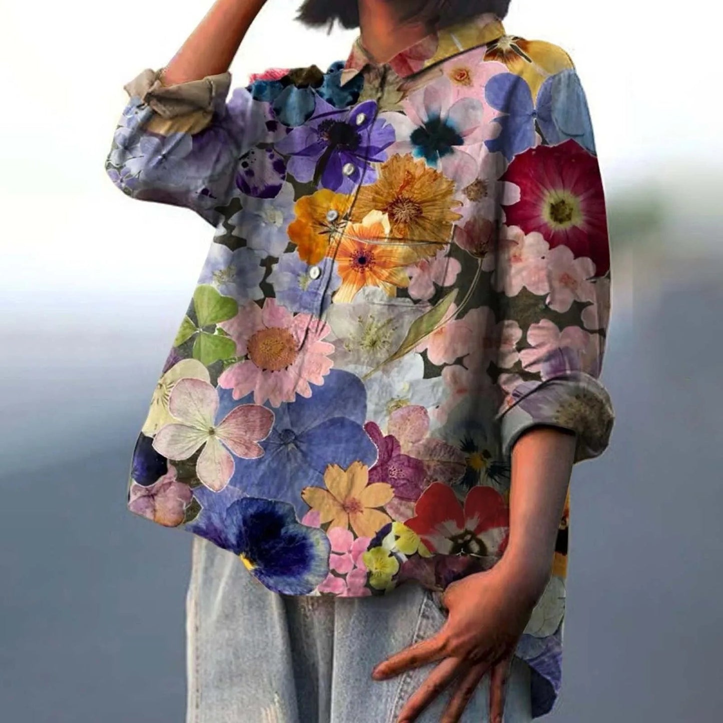 Bella Women's Oversized Shirt | Floral Print, Long Sleeve 7