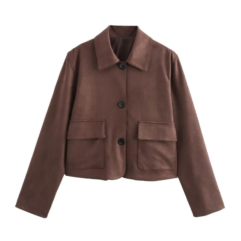 Brenna Women's Jacket | Short Brown with Pockets and Button Closure 0