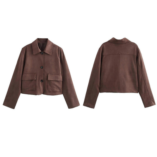 Brenna Women's Jacket | Short Brown with Pockets and Button Closure 1