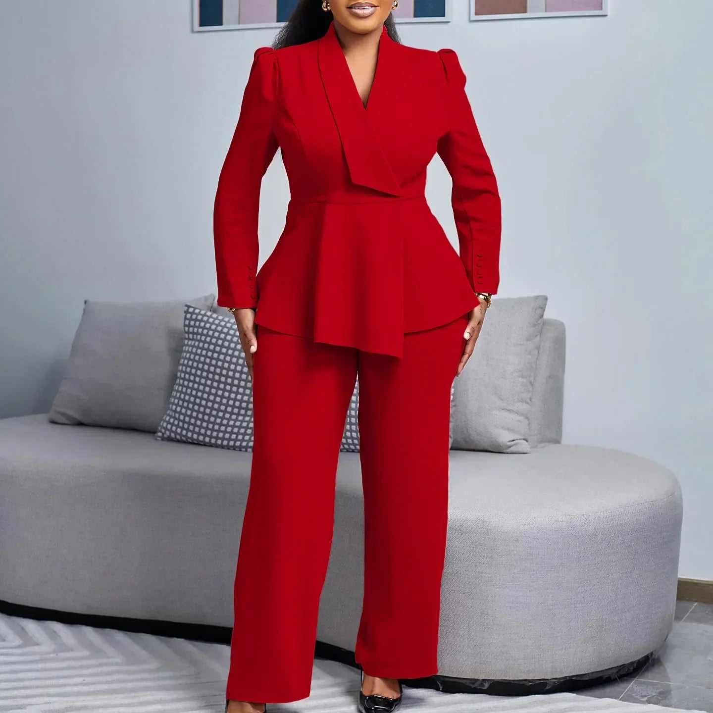 Cathy Women's Suit | Tailored Blazer & Wide-Leg Trousers, Elegant Peplum Design 1