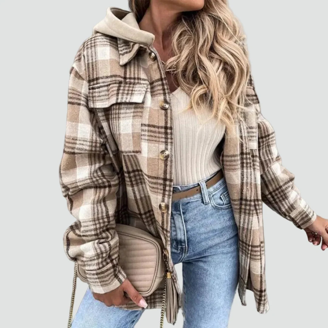 Celia Women's Mid-Season Jacket | Checked Pattern, Hooded Button Closure 0