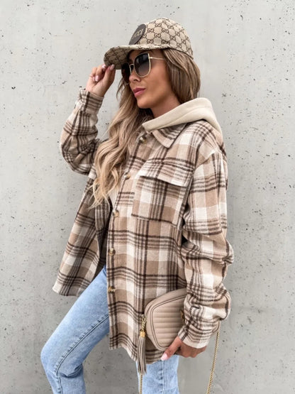 Celia Women's Mid-Season Jacket | Checked Pattern, Hooded Button Closure 1
