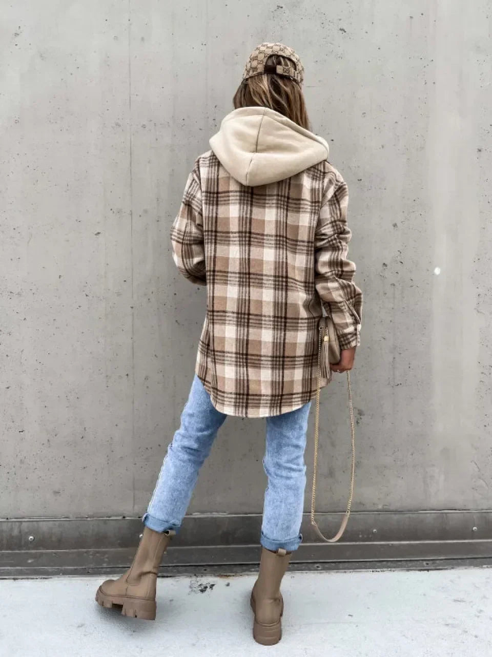 Celia Women's Mid-Season Jacket | Checked Pattern, Hooded Button Closure 2