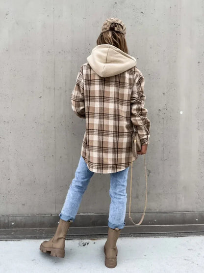 Celia Women's Mid-Season Jacket | Checked Pattern, Hooded Button Closure 2