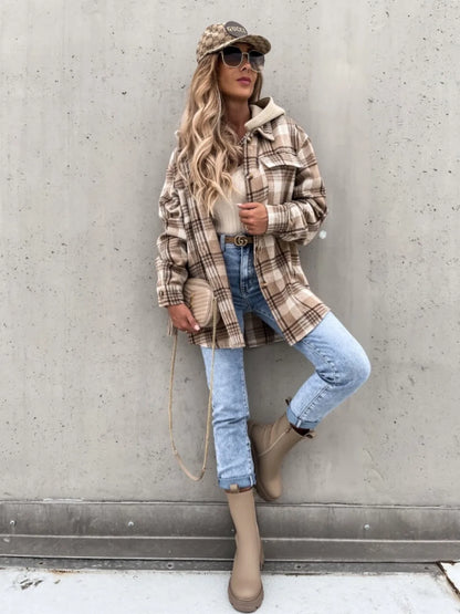 Celia Women's Mid-Season Jacket | Checked Pattern, Hooded Button Closure 3