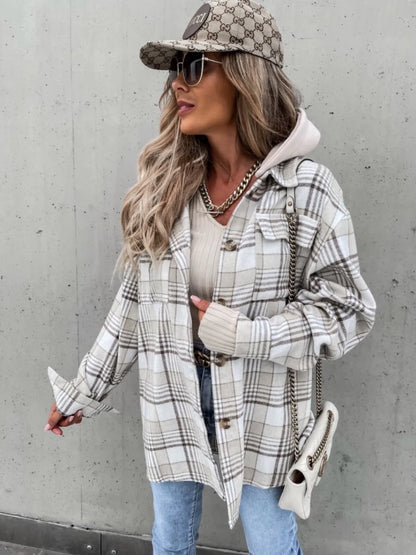Celia Women's Mid-Season Jacket | Checked Pattern, Hooded Button Closure 5