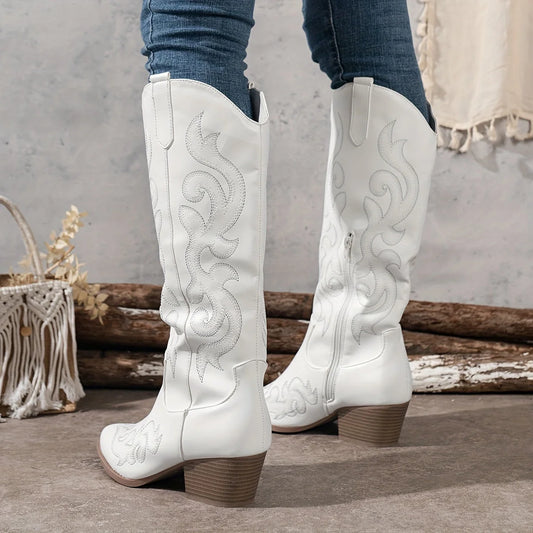 Cora Women's Knee-High Cowgirl Boots | Embroidered Leather, Block Heel 0