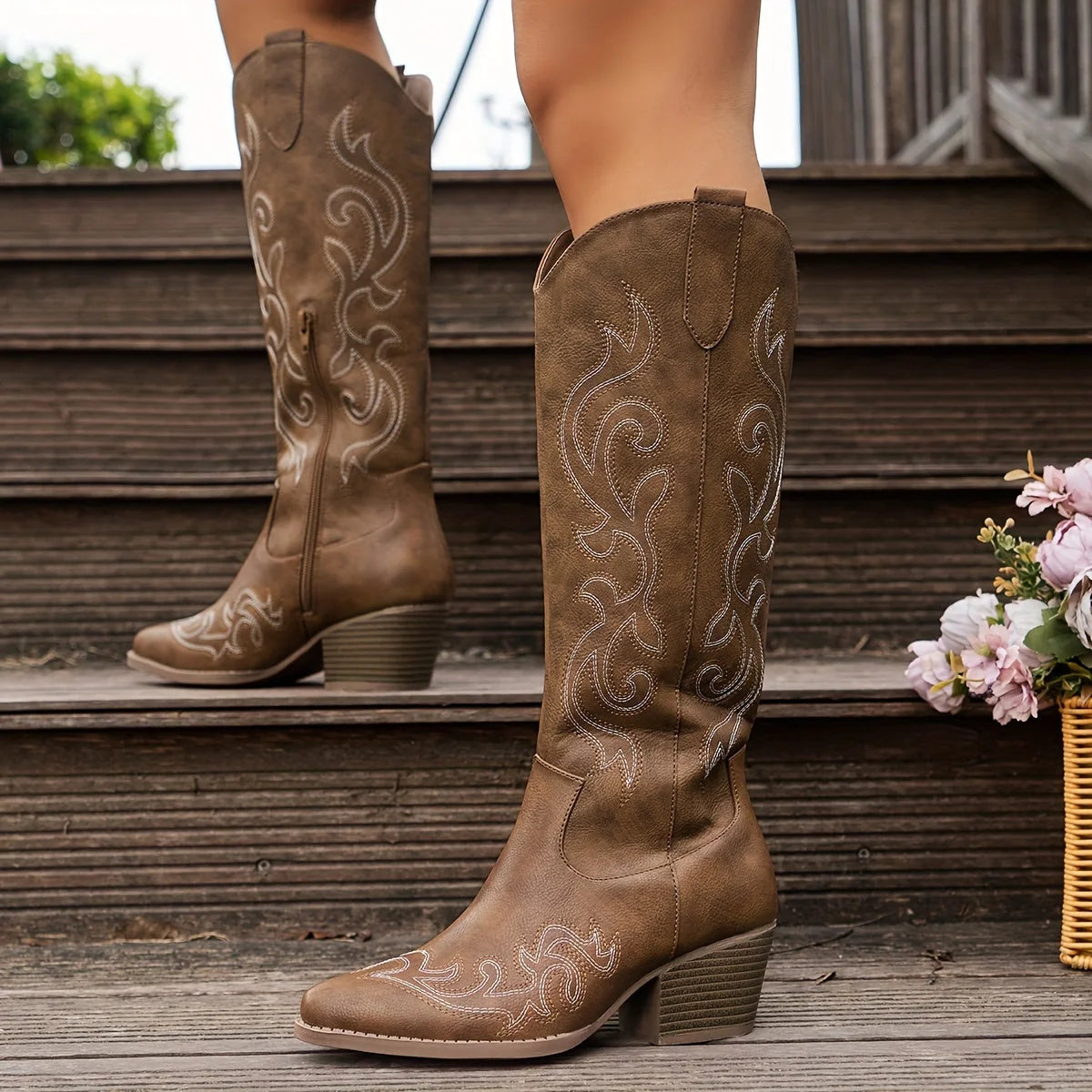 Cora Women's Knee-High Cowgirl Boots | Embroidered Leather, Block Heel 2