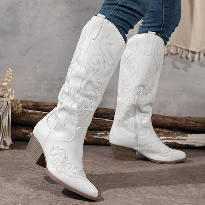 Cora Women's Knee-High Cowgirl Boots | Embroidered Leather, Block Heel 8