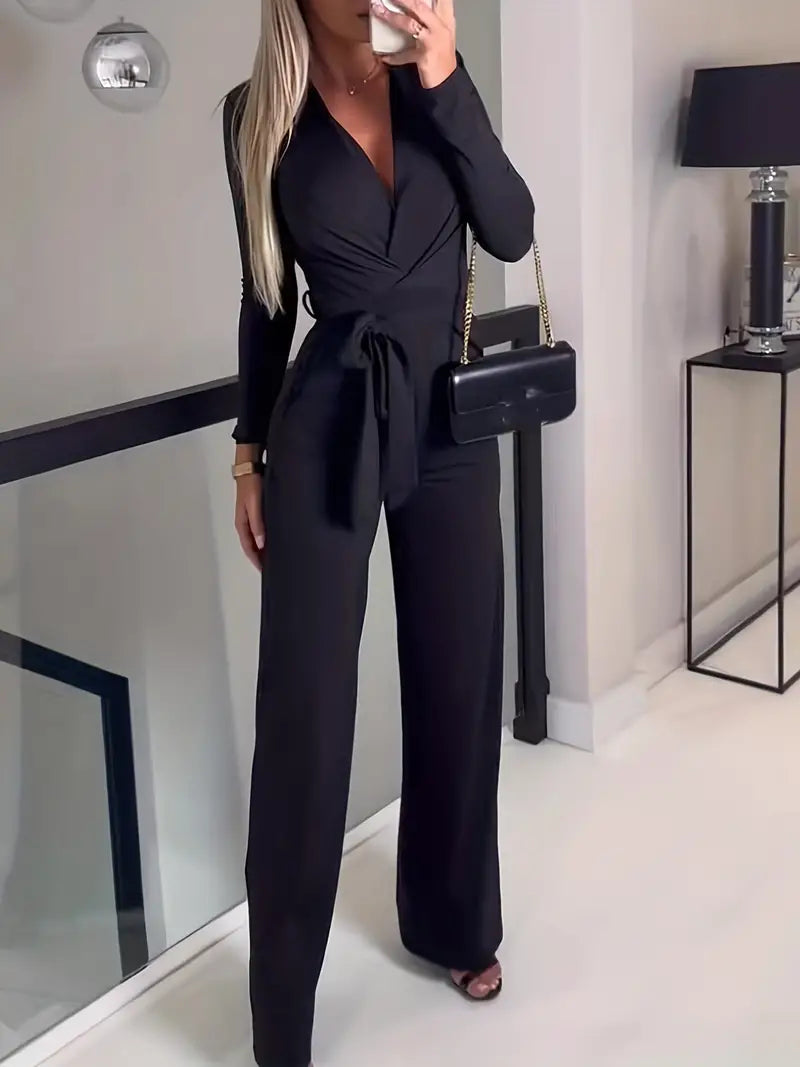 Elara Women's Black Jumpsuit | V-Neck, Wide-Leg with Waist Belt 0