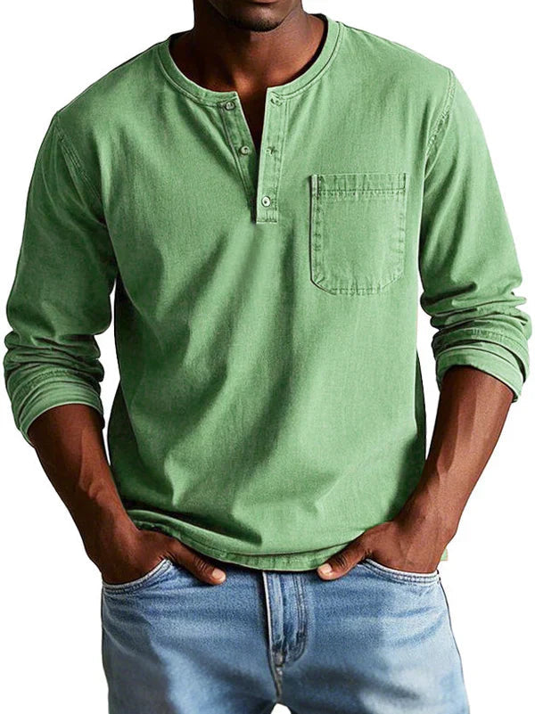 Eli Men's Long Sleeve Shirt | Casual Button Neck, Relaxed Fit 0