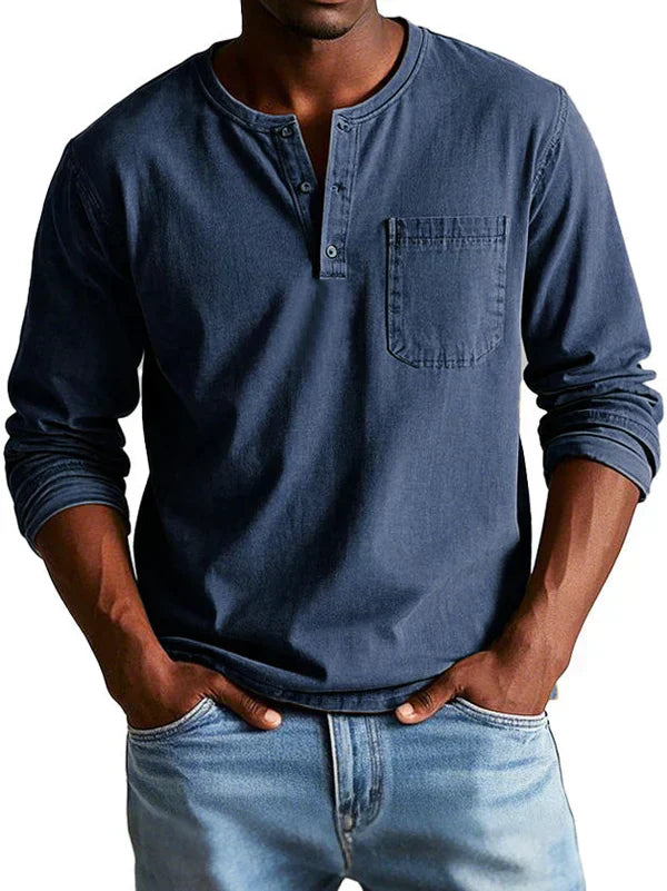 Eli Men's Long Sleeve Shirt | Casual Button Neck, Relaxed Fit 1