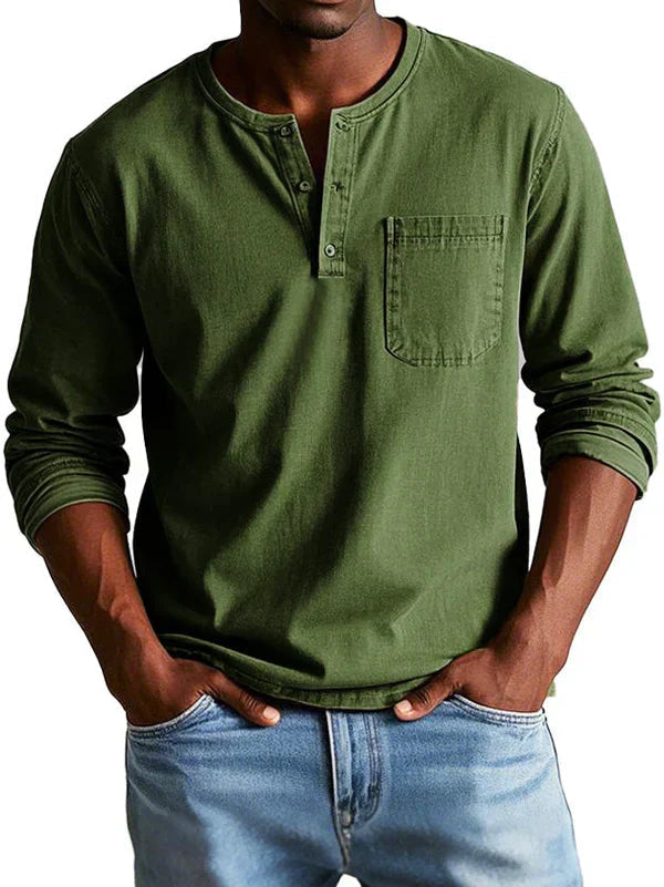 Eli Men's Long Sleeve Shirt | Casual Button Neck, Relaxed Fit 2