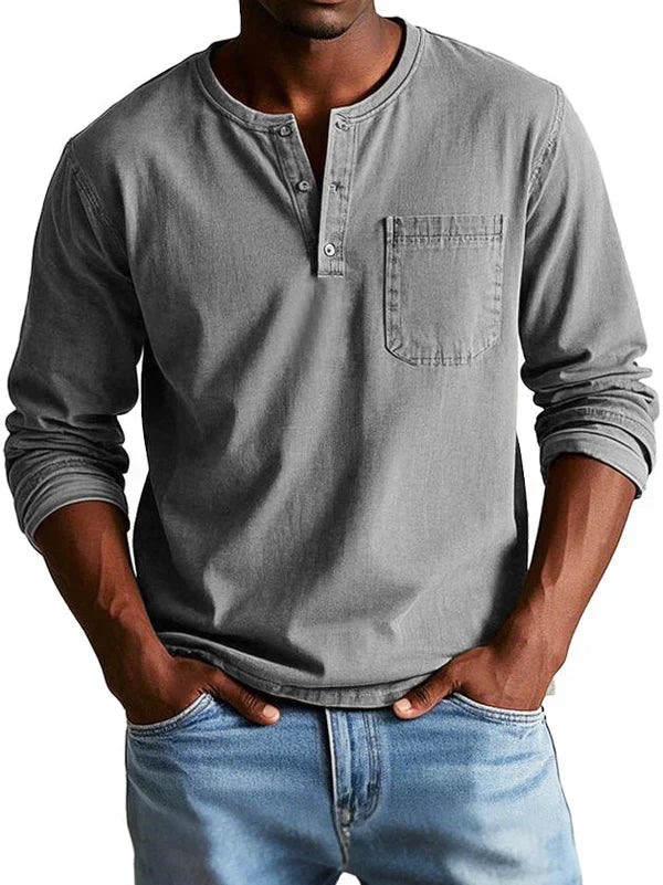 Eli Men's Long Sleeve Shirt | Casual Button Neck, Relaxed Fit 3