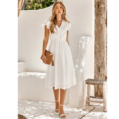 Ella Women's Midi Dress | Ruffled Short Sleeves, Elegant A-Line Summer Style 0
