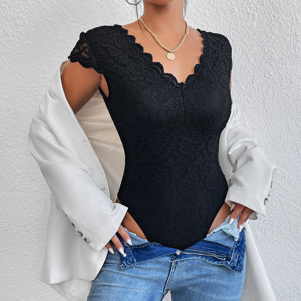 Evelyn Women's Bodysuit | Lace V-Neck, Casual Elegance 4
